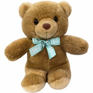 HEALTHTEX HTF Vintage Teddy Bear Plush Stuffed Animal Brown Aqua Green Bow 11 In